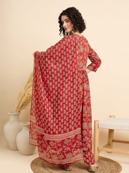 SHEZADI RED GATHERED ANARKALI SET