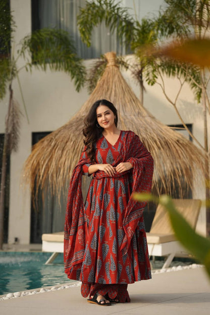 SURKH RED BLOCKPRINTED ANARKALI SET