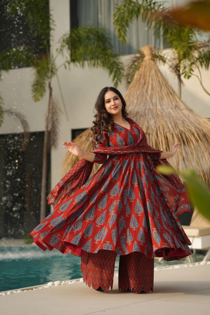 SURKH RED BLOCKPRINTED ANARKALI SET