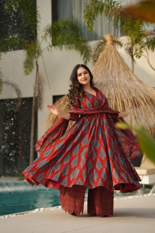 SURKH RED BLOCKPRINTED ANARKALI SET