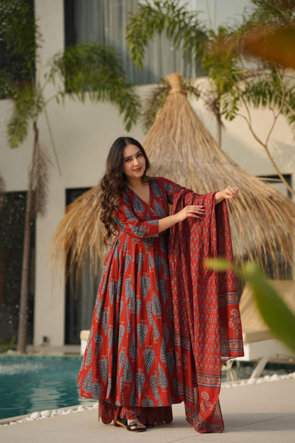 SURKH RED BLOCKPRINTED ANARKALI SET